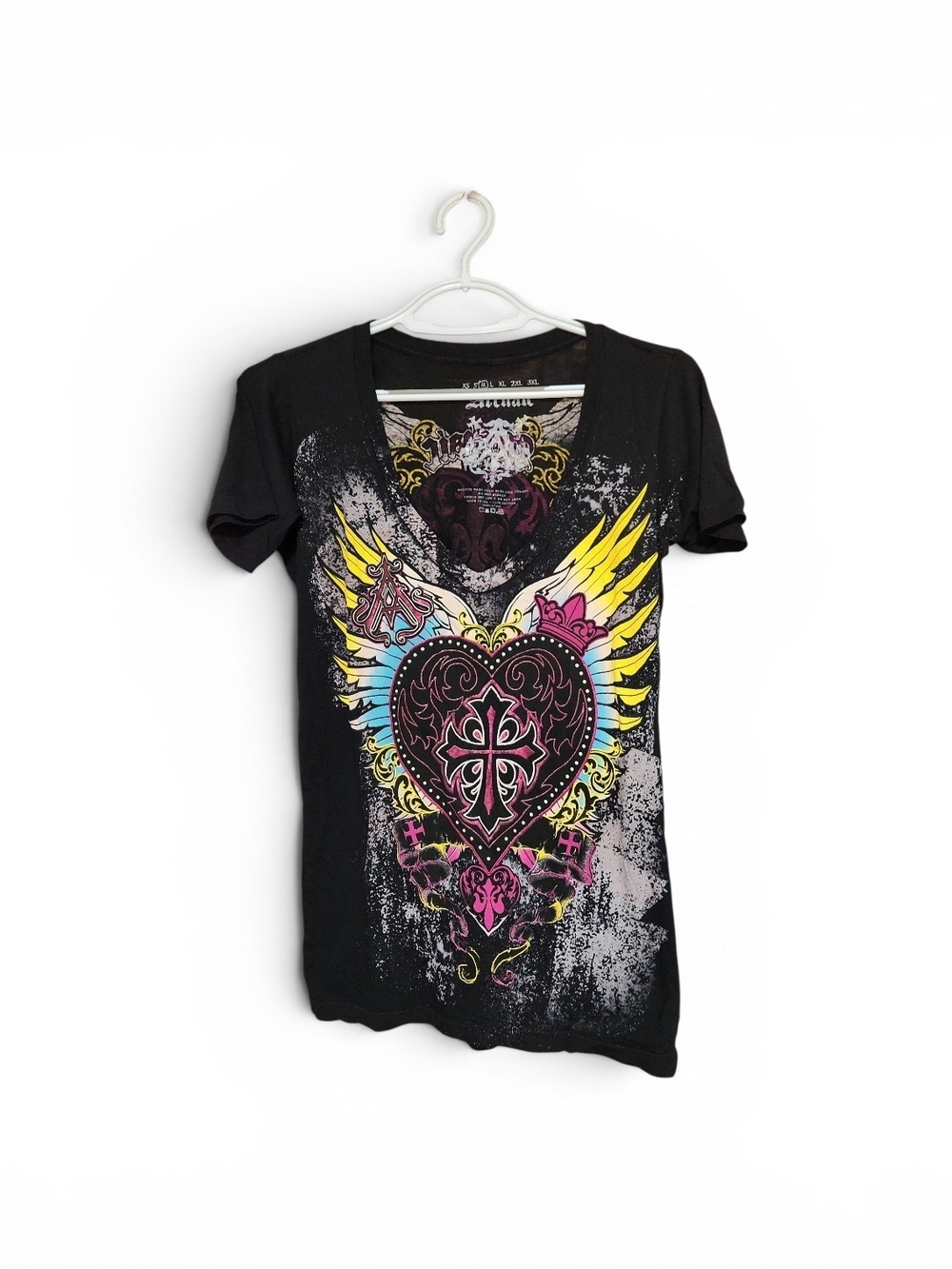 Black Graphic V-Neck Tee with Pink Heart and Yellow Wing Design